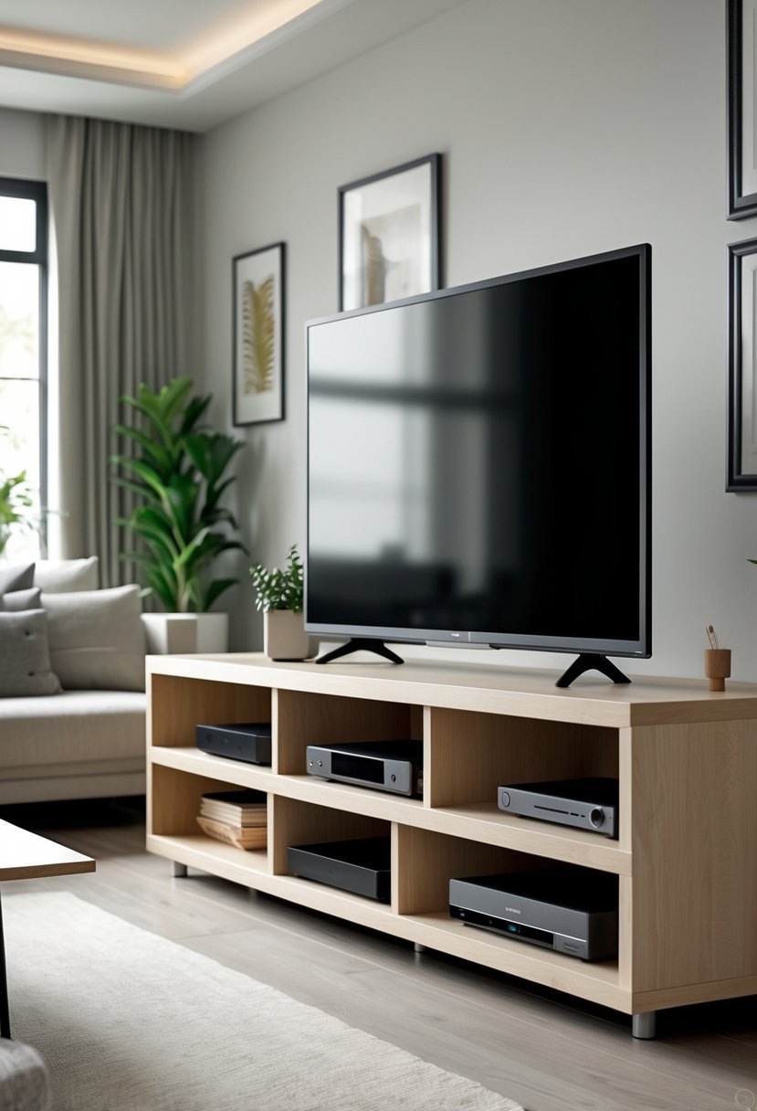 Living room with a TV stand featuring open shelves holding media devices and a flat-screen TV.