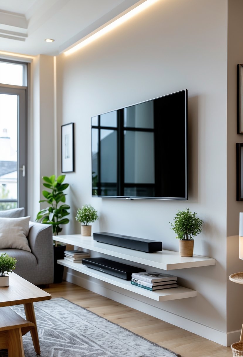 Living room with a wall-mounted TV and a floating shelf holding decorative items beneath it.