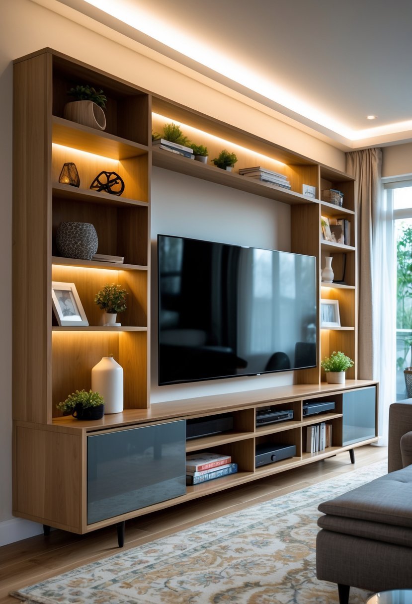 Living room with a TV console featuring open and closed storage compartments, a mounted television, and surrounding furniture.