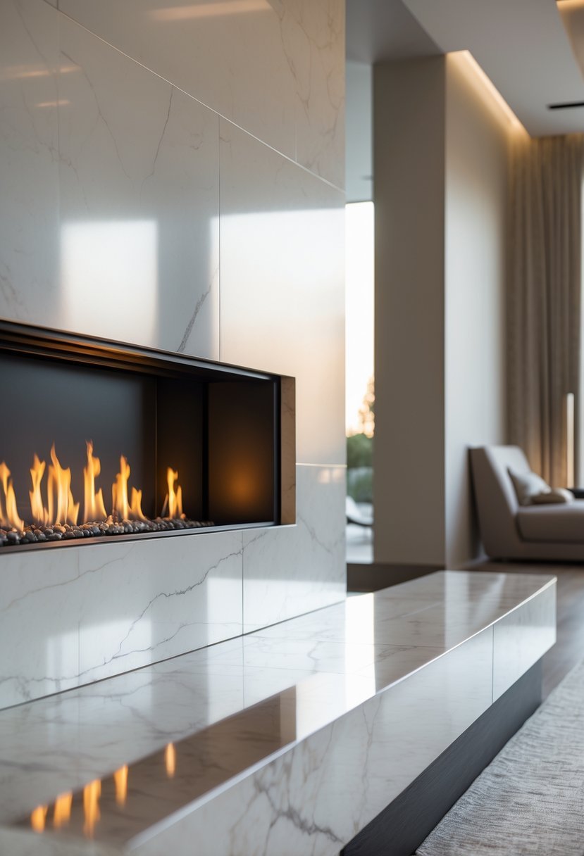 A modern living room with a linear fireplace set in a marble surround, showing flames inside the fireplace.