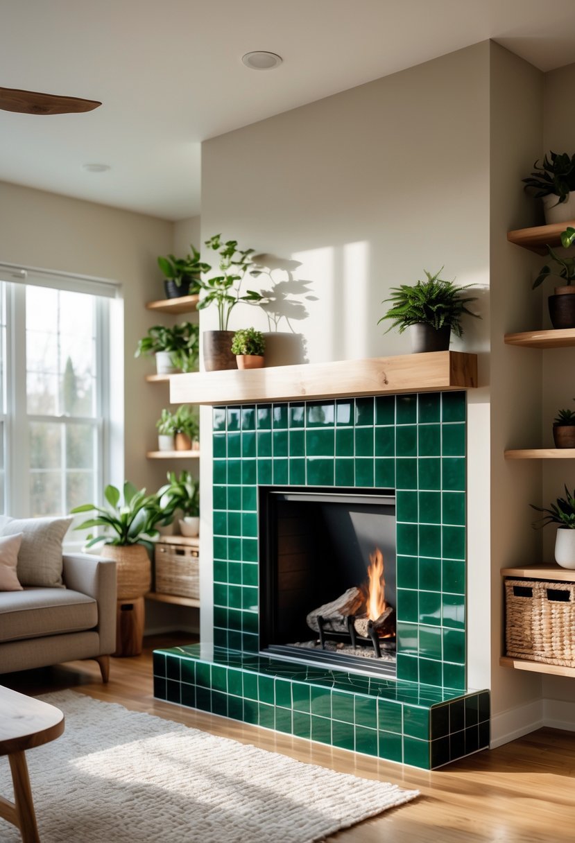 Living room with a green tiled fireplace surrounded by wooden accents, plants, and comfortable seating.