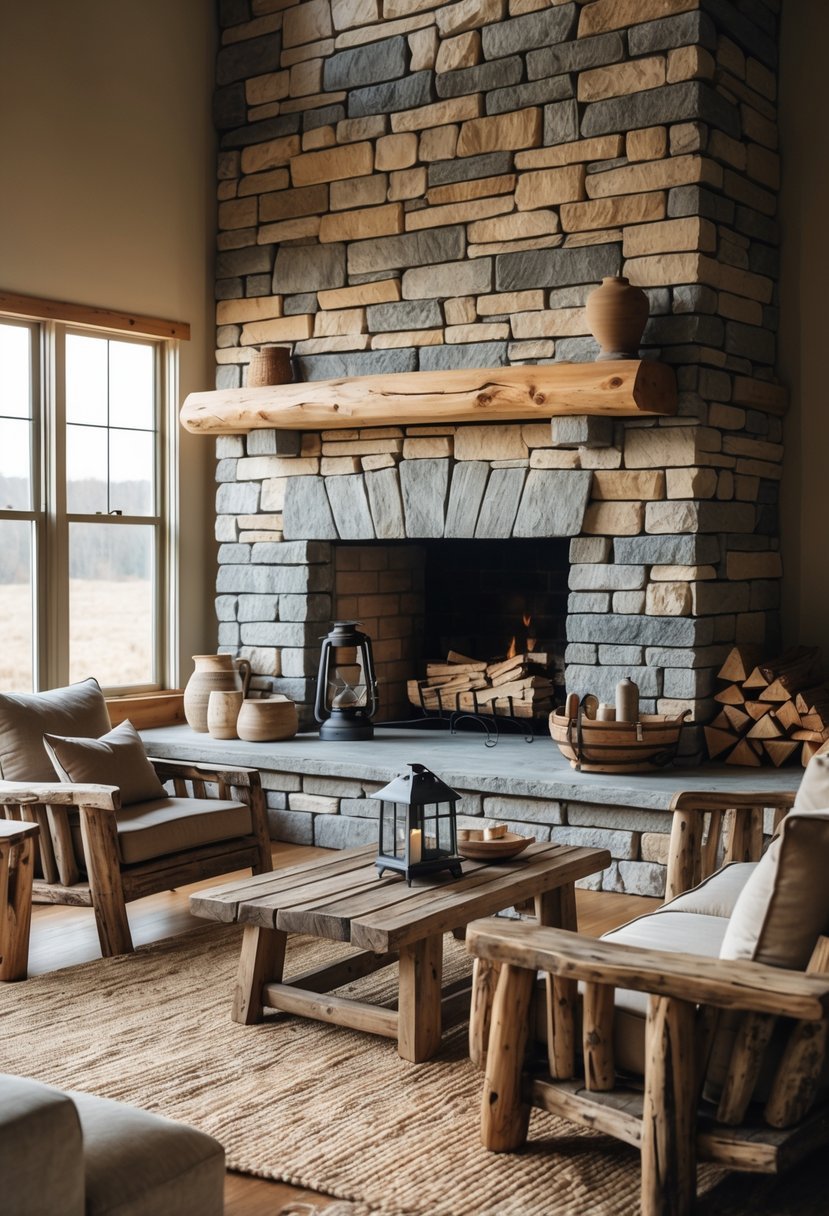 Living room with a stone fireplace and wooden furniture arranged around it.
