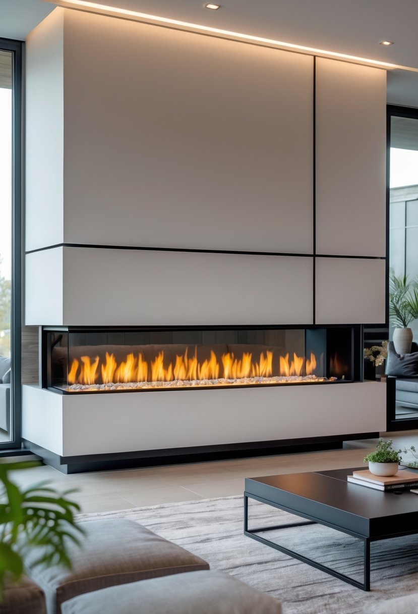 A living room with a built-in horizontal fireplace glowing warmly beneath a minimalist wall, surrounded by modern furniture and decor.