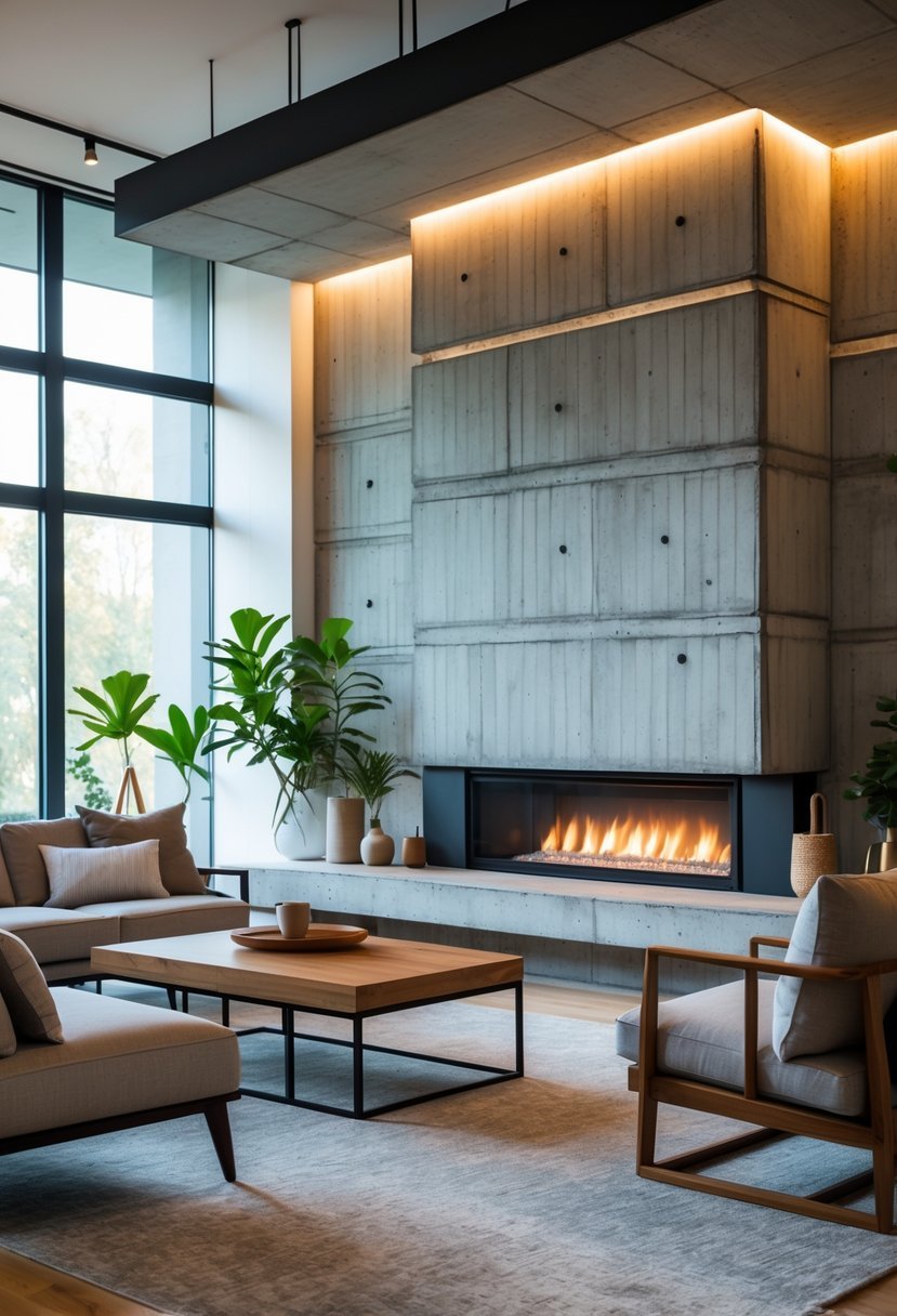 Living room with a concrete fireplace wall, sofa, coffee table, and natural light coming through large windows.