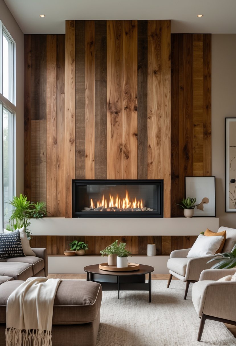 A living room with a textured wood panel fireplace surround and comfortable seating area illuminated by natural light.