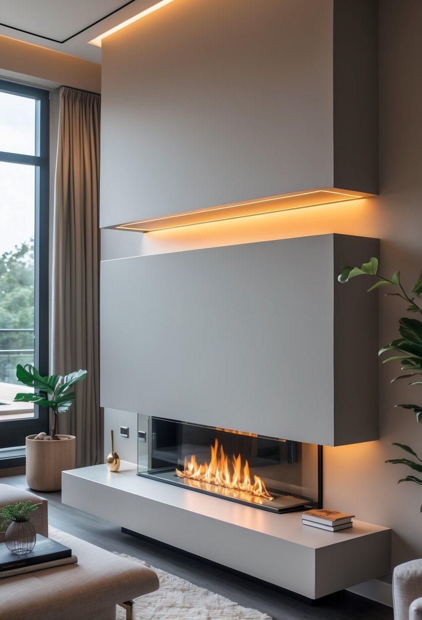 Living room with a floating mantel featuring hidden lighting above a modern fireplace.