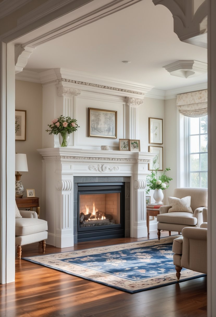 A living room with a white fireplace mantle featuring detailed molding, surrounded by comfortable seating and natural light.
