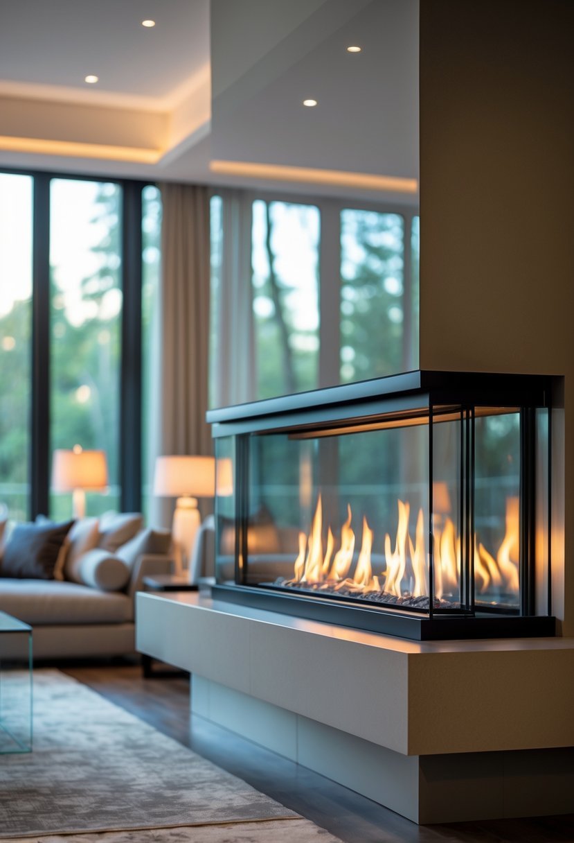 A modern living room with a double-sided glass fireplace visible from two connected spaces, surrounded by comfortable seating and natural light.