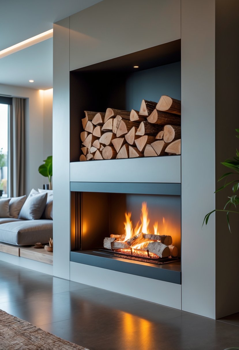 Living room with a fireplace and a built-in wood storage nook filled with logs.