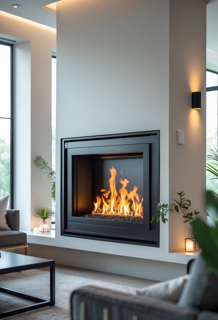 A modern living room with a black metal framed fireplace insert showing glowing flames, surrounded by furniture and natural light.