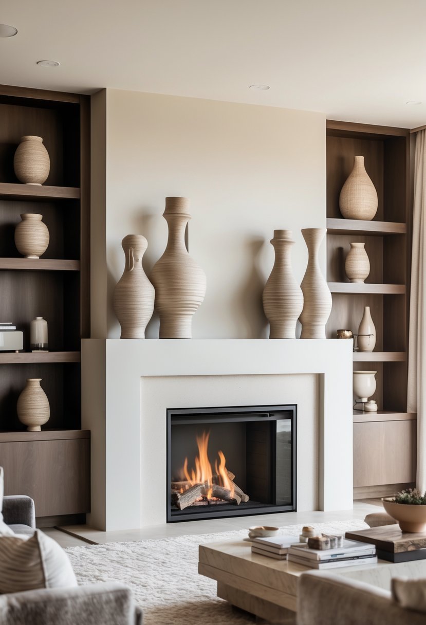 Living room with a fireplace decorated with sculptural ceramic pieces on the mantel and shelves.