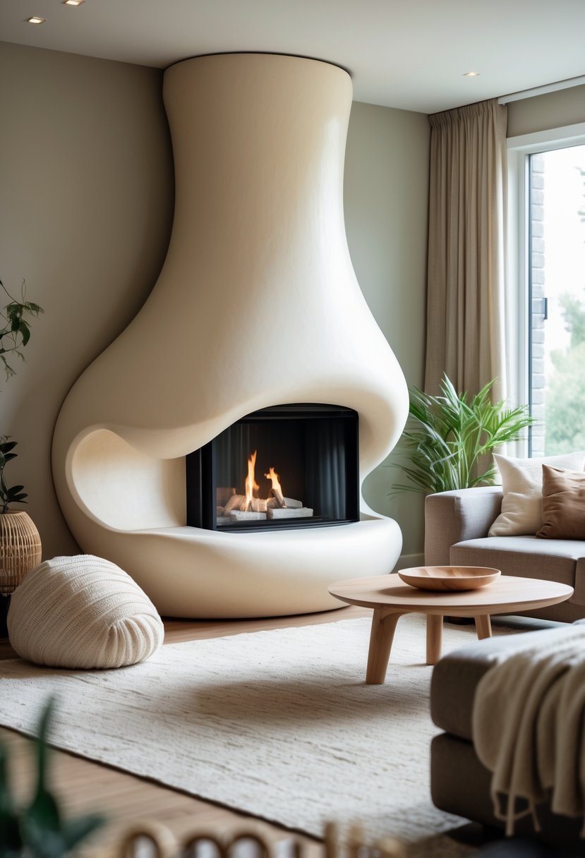 Living room with a rounded plaster fireplace, cozy seating, and natural light.