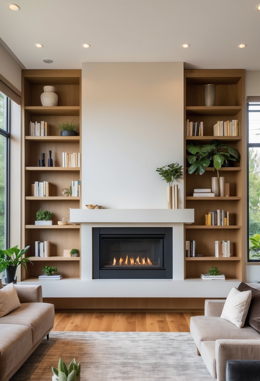 Living room with a fireplace integrated into built-in shelving units filled with books and decorations.