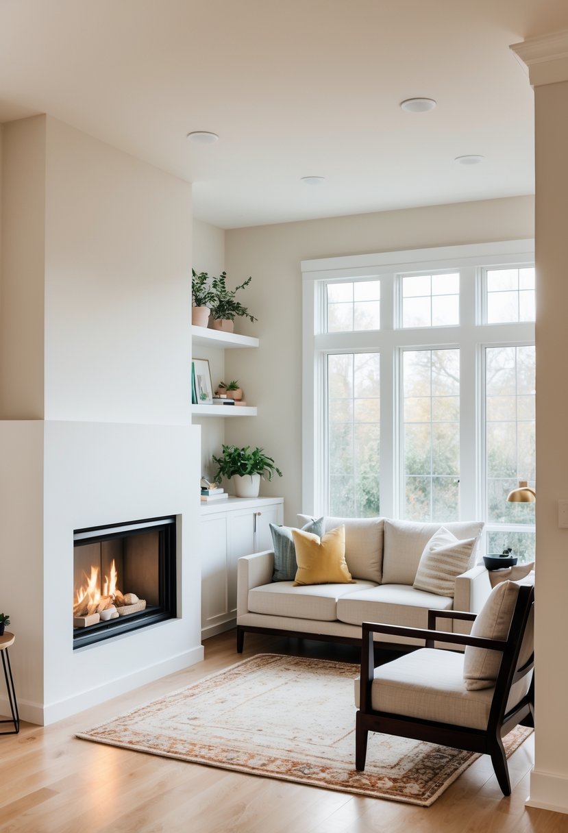 Living room with a corner fireplace, seating area, and natural light from large windows.