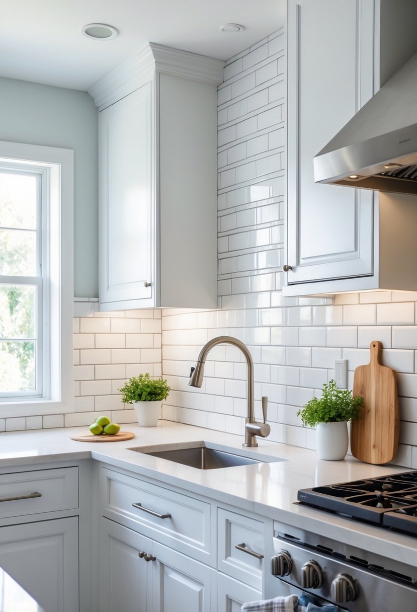 A kitchen with white cabinets and a white subway tile backsplash illuminated by natural light.