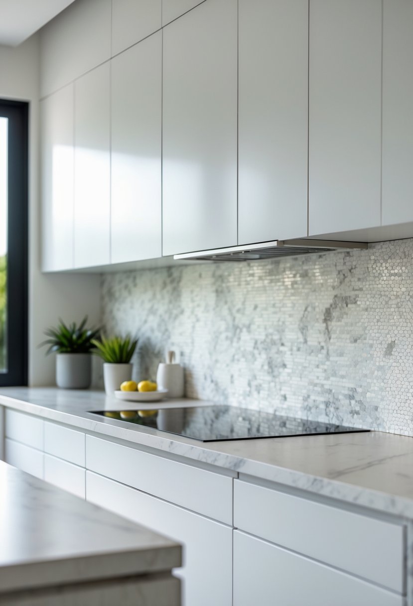 A kitchen with white cabinets and a marble mosaic backsplash behind the countertop.