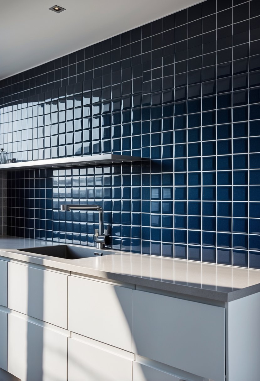Kitchen backsplash with deep navy glossy square tiles and white cabinets below.