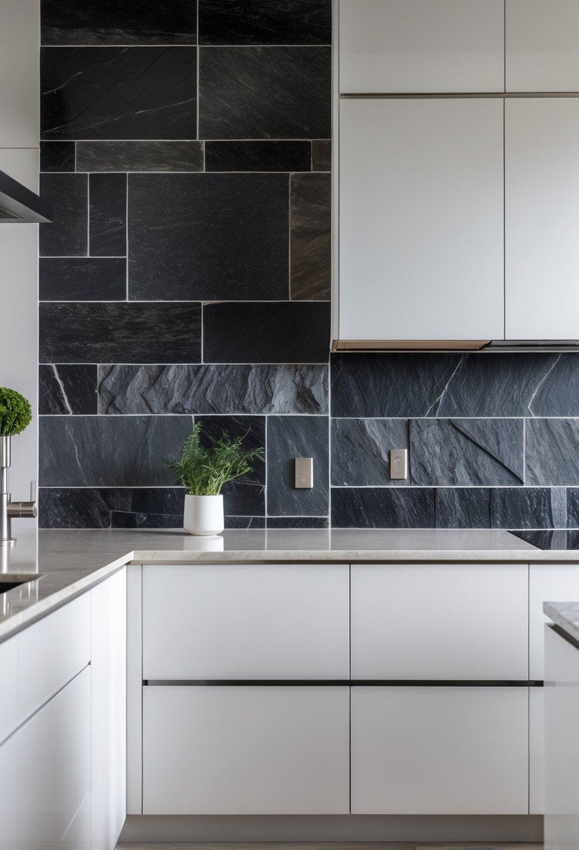 A kitchen with white cabinets and a black slate stone backsplash.