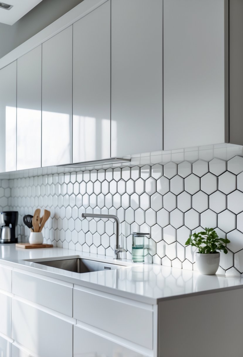 A modern kitchen with white cabinets and a hexagonal white ceramic tile backsplash.