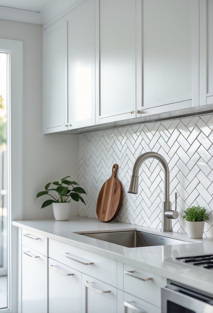 A modern kitchen with white cabinets and a white herringbone tile backsplash behind the countertop.
