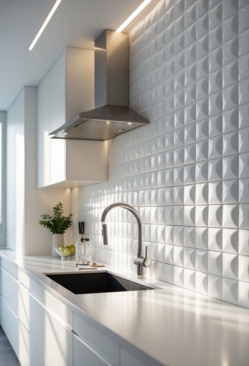 A modern kitchen with white cabinets and a textured white 3D tile backsplash.