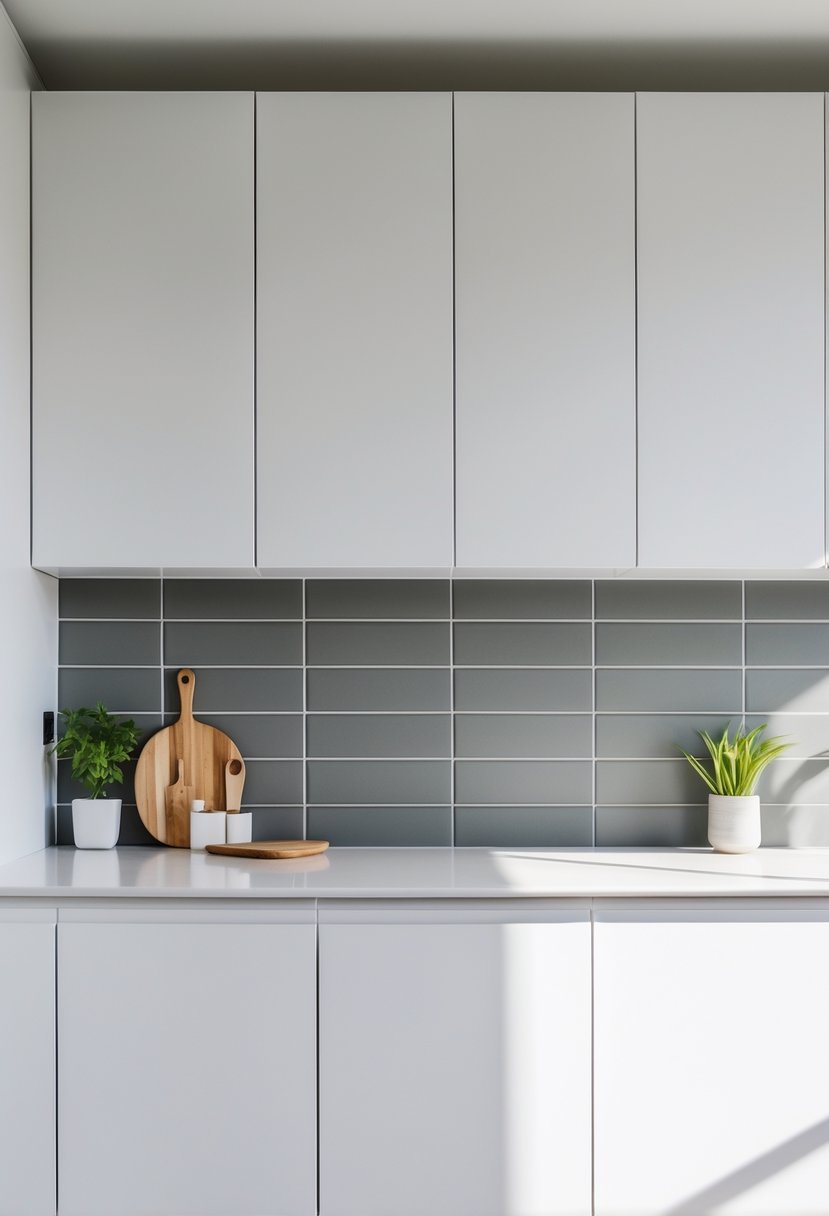 A kitchen with matte gray tile backsplash and white cabinets above and below the countertop.