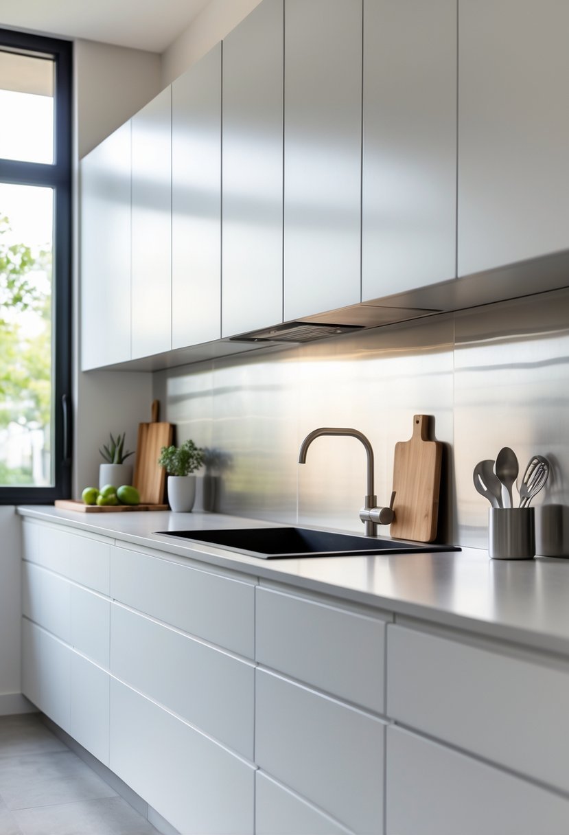 A kitchen with white cabinets and a brushed stainless steel backsplash.