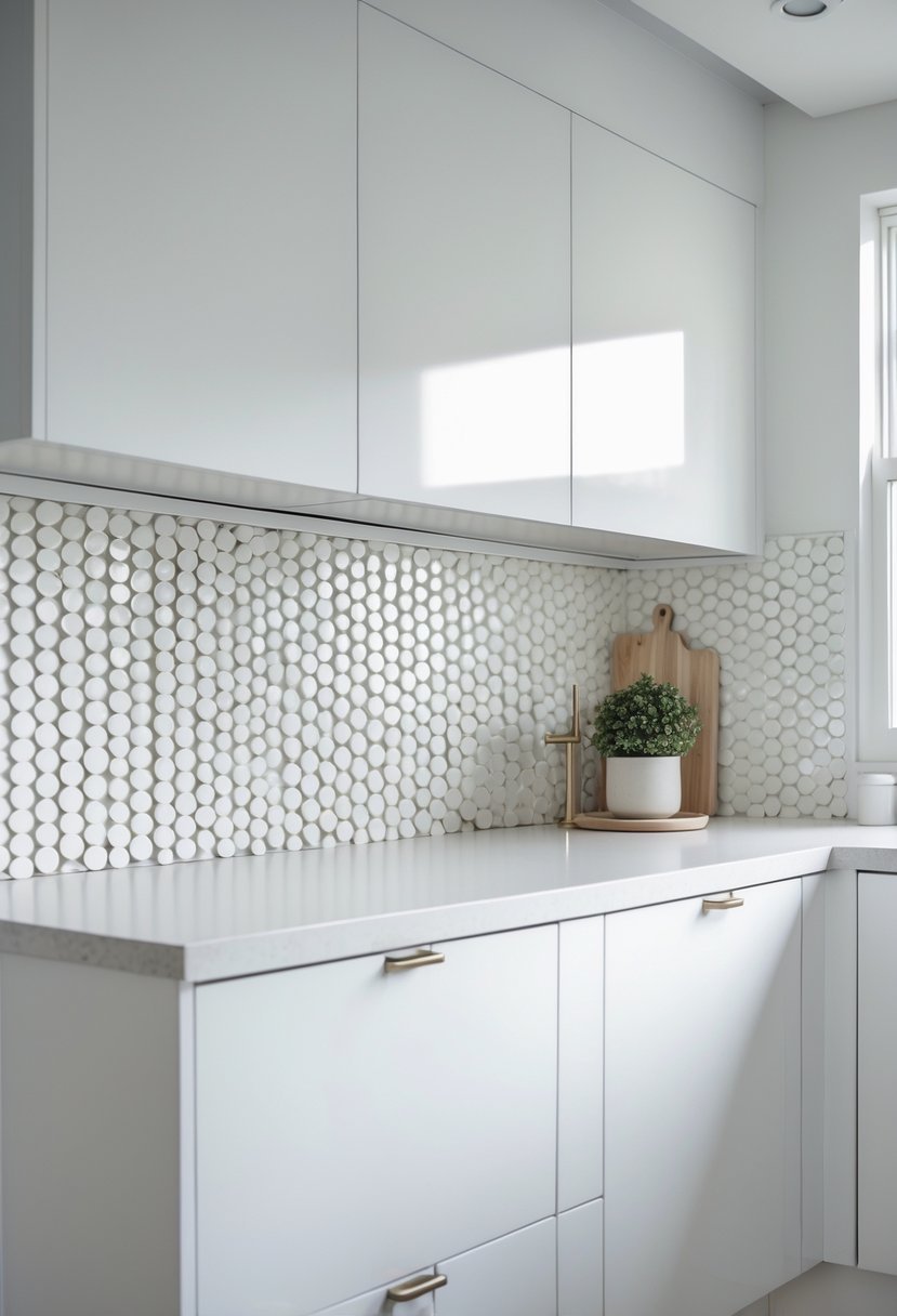 A kitchen with white cabinets and a white penny round tile backsplash behind the countertop.