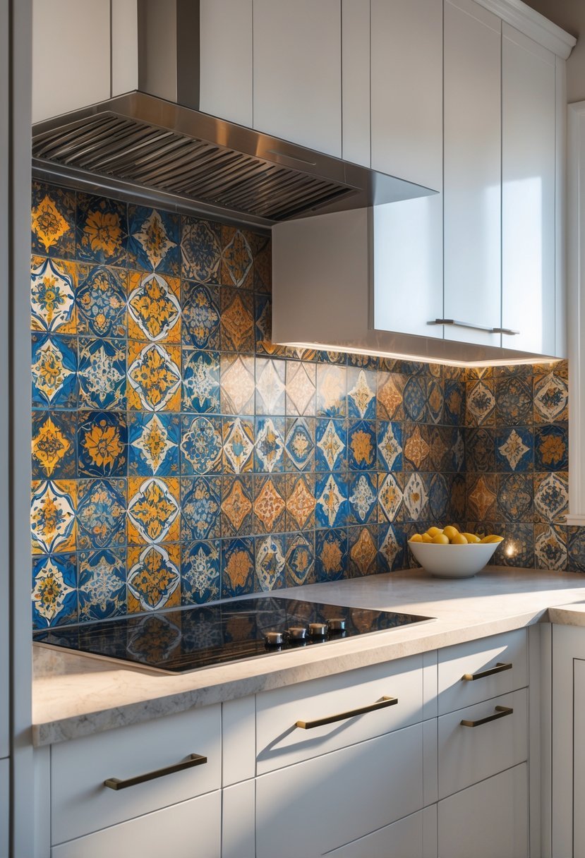 A modern kitchen with white cabinets and a colorful patterned tile backsplash.