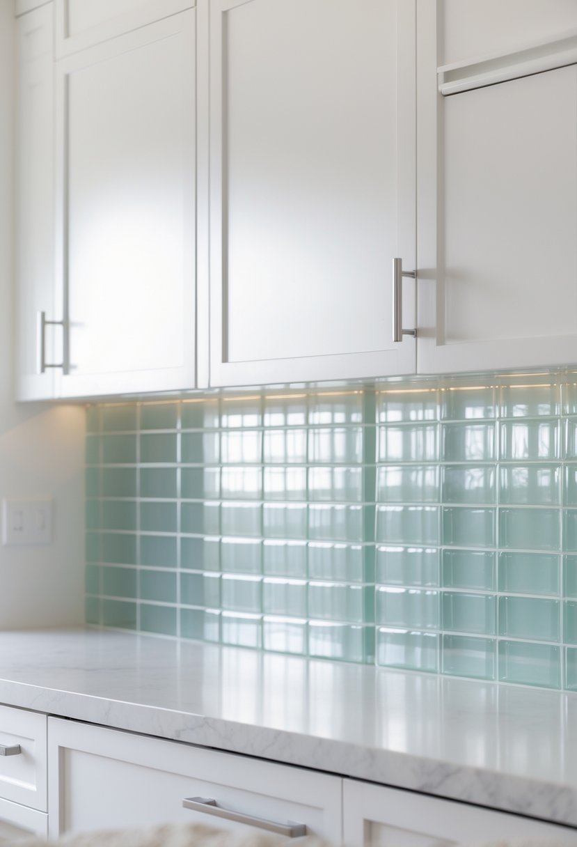 A kitchen backsplash with frosted glass subway tiles behind white cabinets and a countertop.