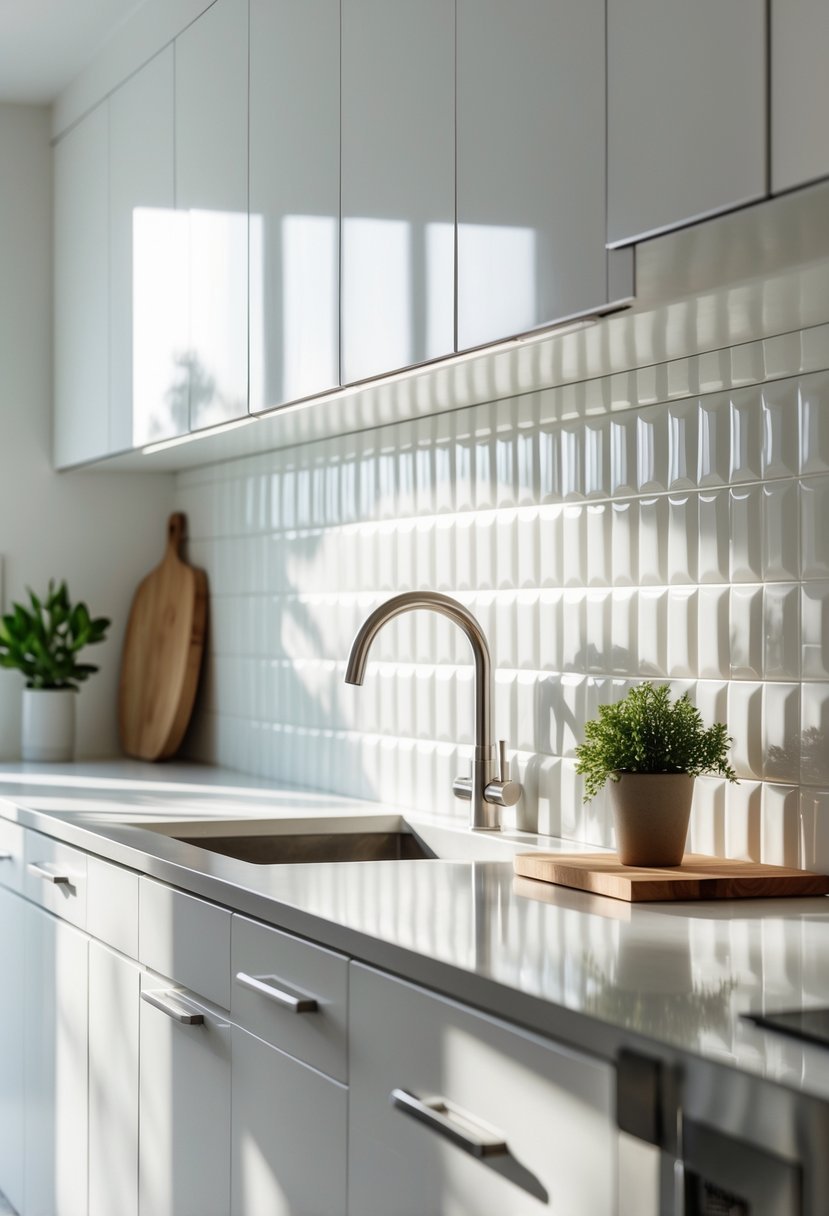 A kitchen with white cabinets and a backsplash made of beveled white ceramic tiles.