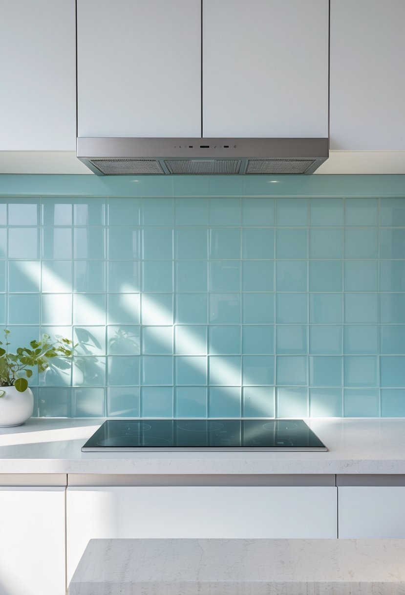 A modern kitchen with white cabinets and a soft pastel blue ceramic backsplash.