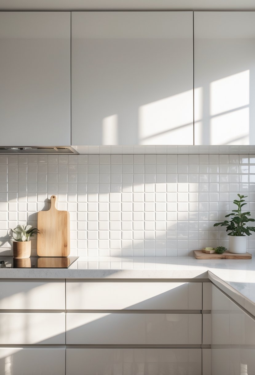 A kitchen with white cabinets and a glossy white tile backsplash above the countertop.