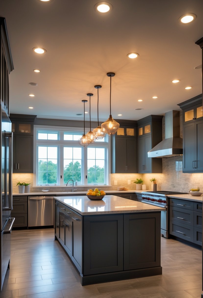 A modern kitchen with an island illuminated by various types of lighting fixtures hanging above it.