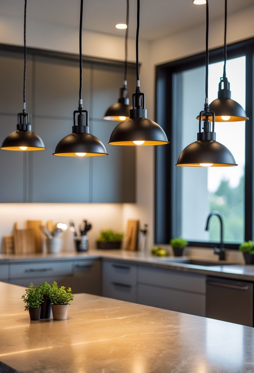 A modern kitchen island lit by black metal pendant lights with clean countertops and large windows in the background.