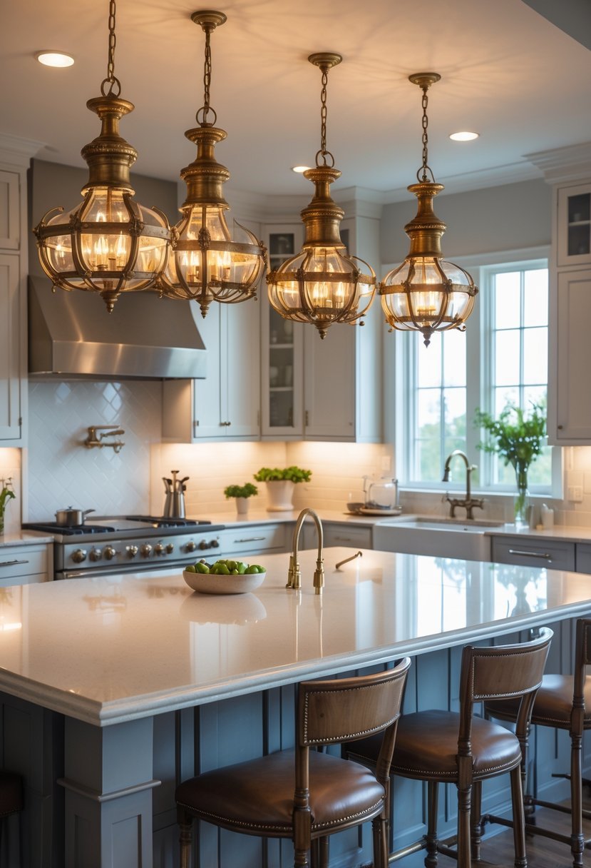 A kitchen with a large island illuminated by multiple hanging brass chandeliers, featuring modern appliances and clean countertops.