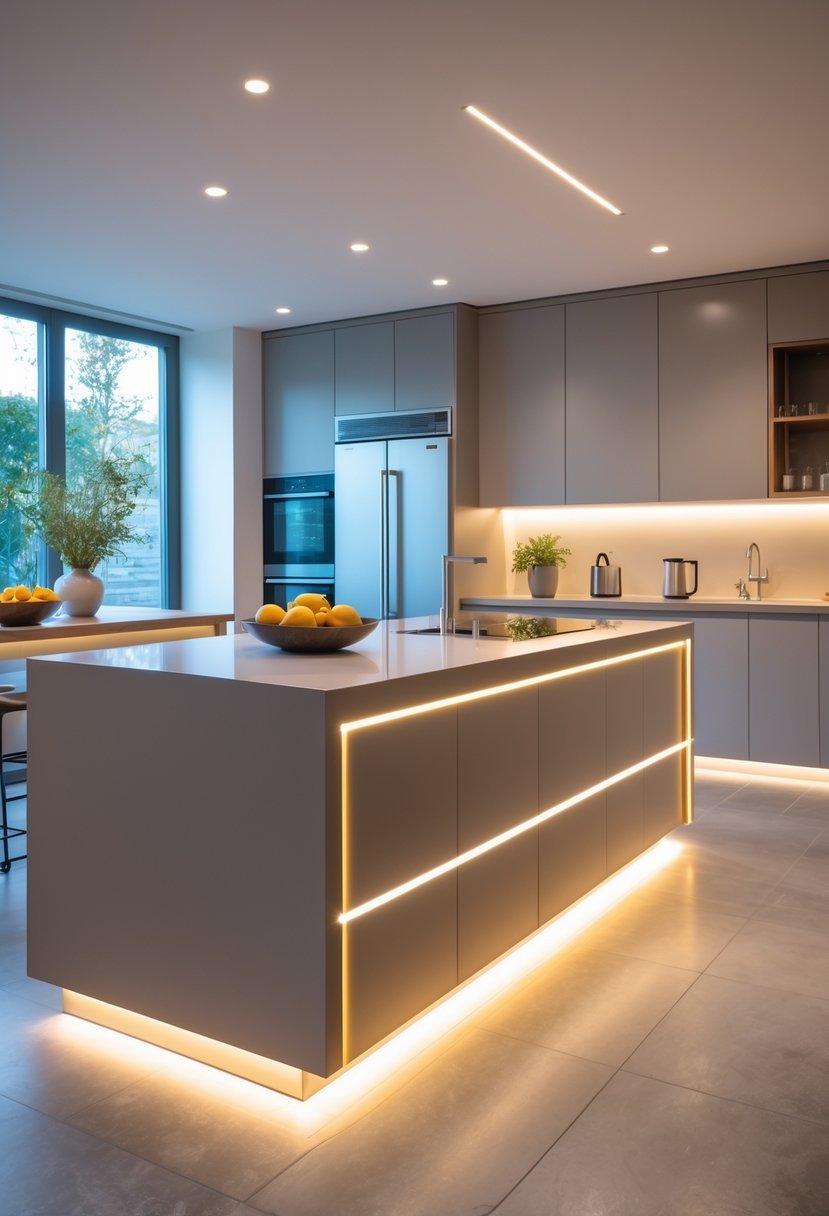 A modern kitchen with LED strip lighting glowing under the edges of a kitchen island.