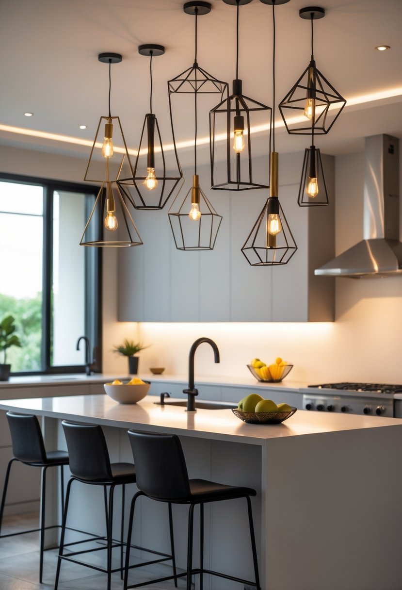 A modern kitchen with a large island illuminated by multiple hanging metal frame pendant lights.