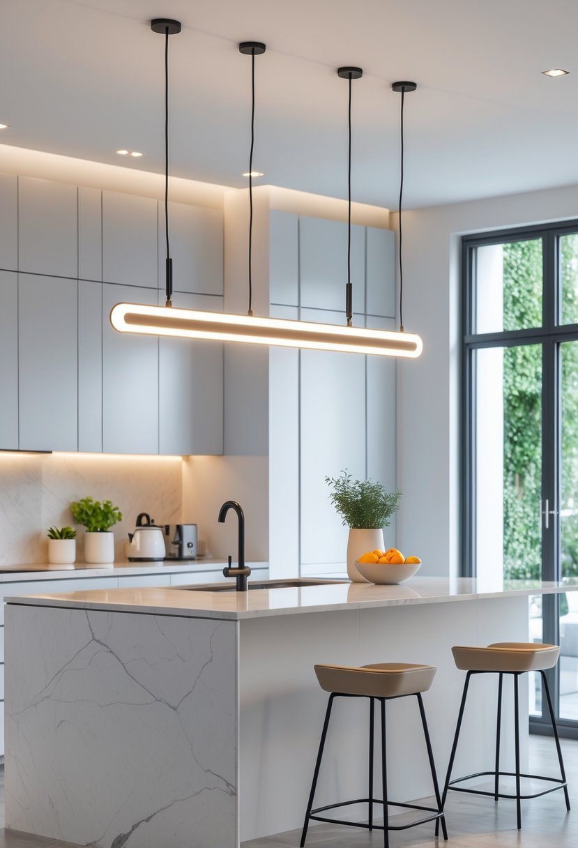 A modern kitchen with smart dimmable pendant lights hanging over a kitchen island.