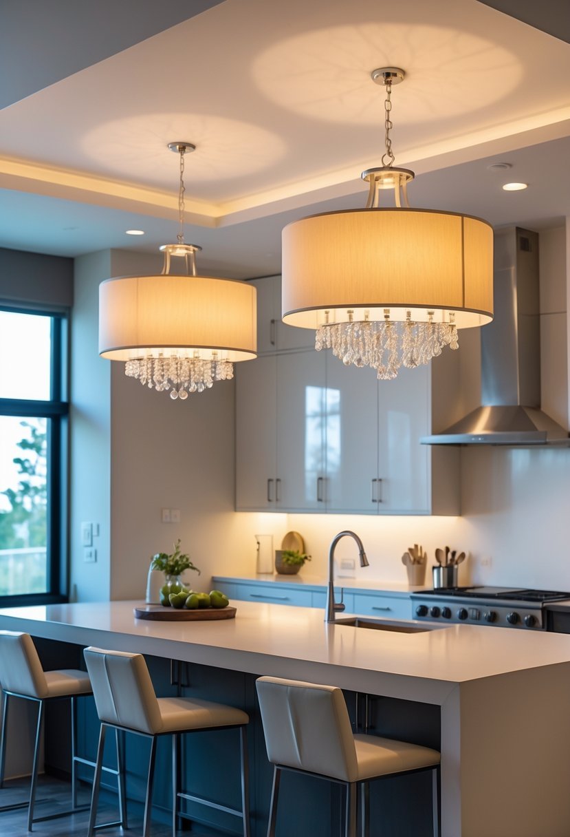 A kitchen island lit by two large drum-shaped chandeliers with bar stools around the island.