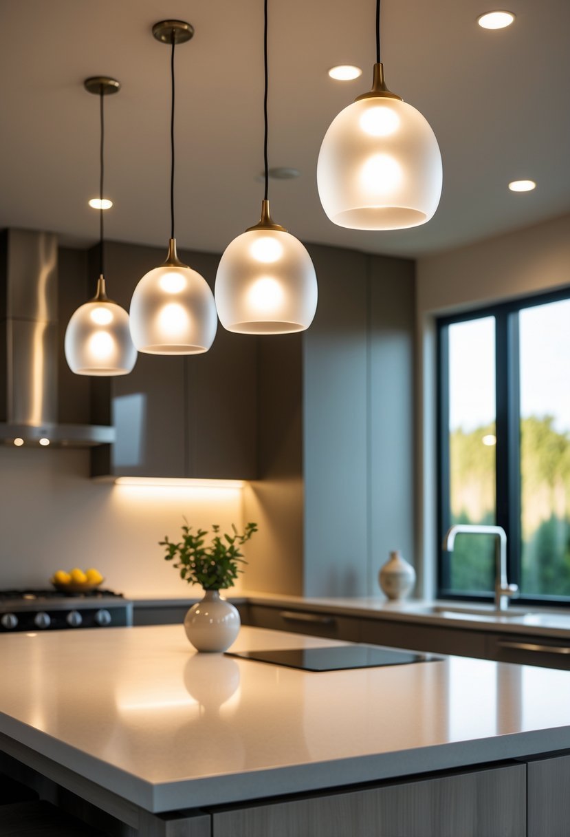 A kitchen island lit by frosted glass pendant lights hanging from the ceiling, with countertops and kitchen cabinets in the background.