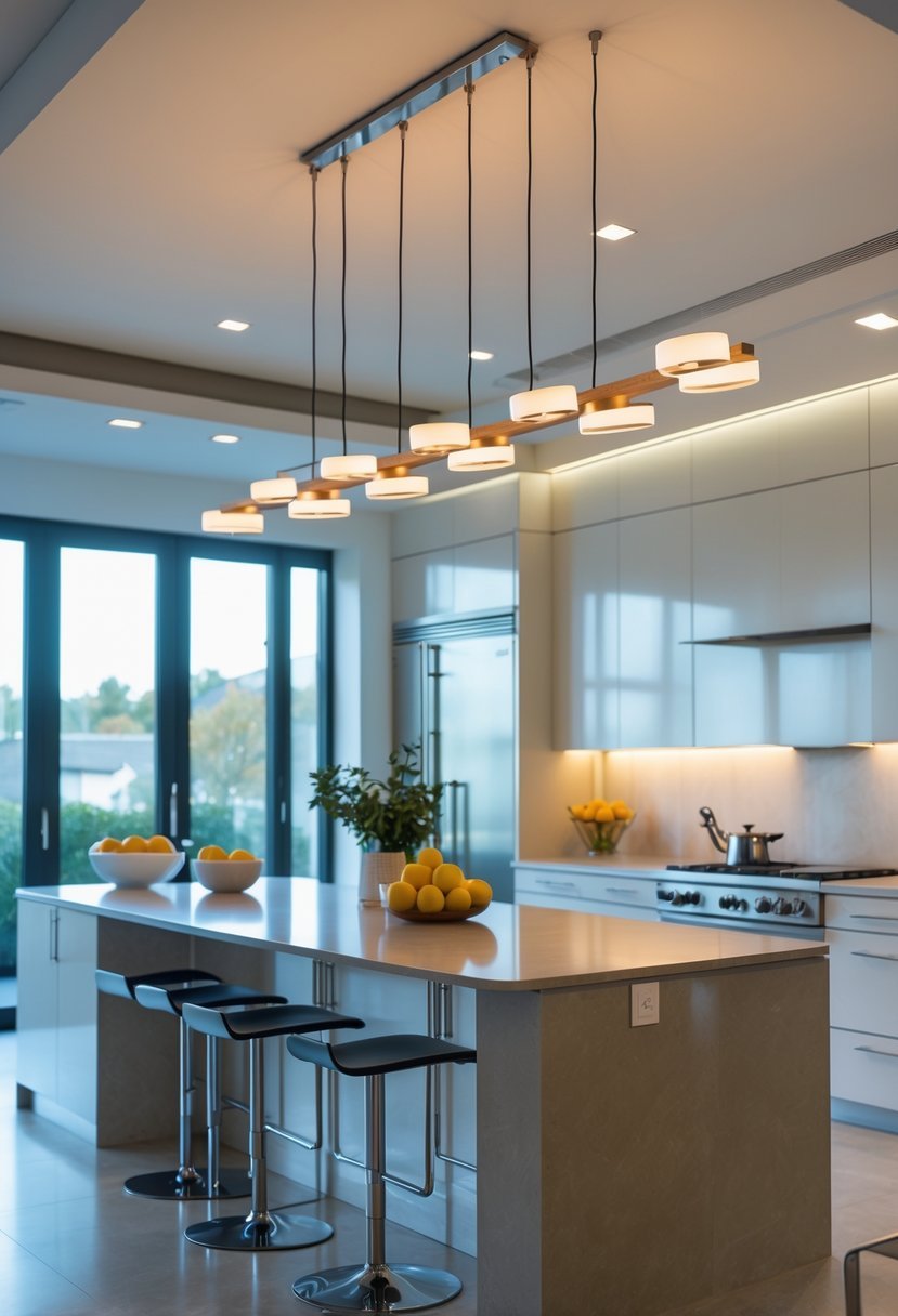 A modern kitchen with a multi-light linear suspension fixture hanging above a kitchen island with bar stools.