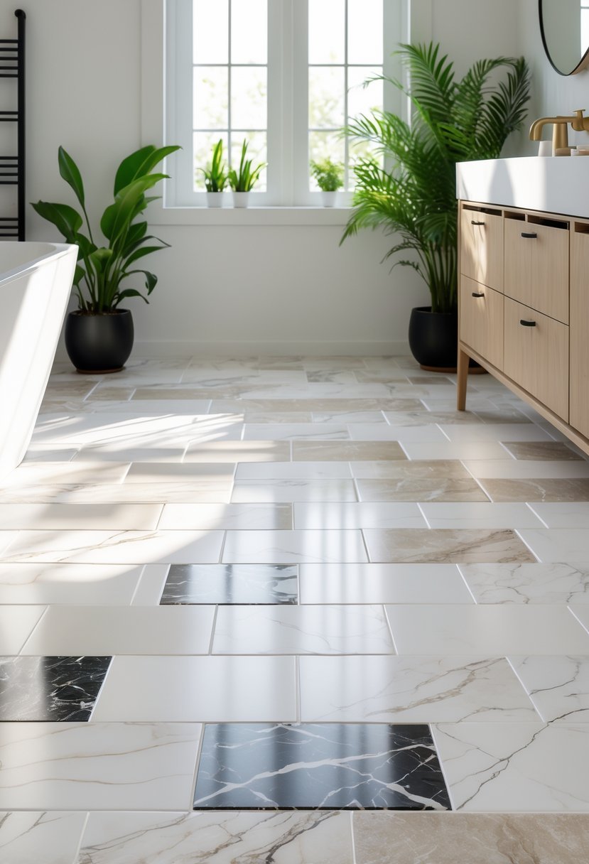 Bathroom floor featuring various marble-look porcelain tiles with a bathtub, vanity, and plants in a bright, clean setting.