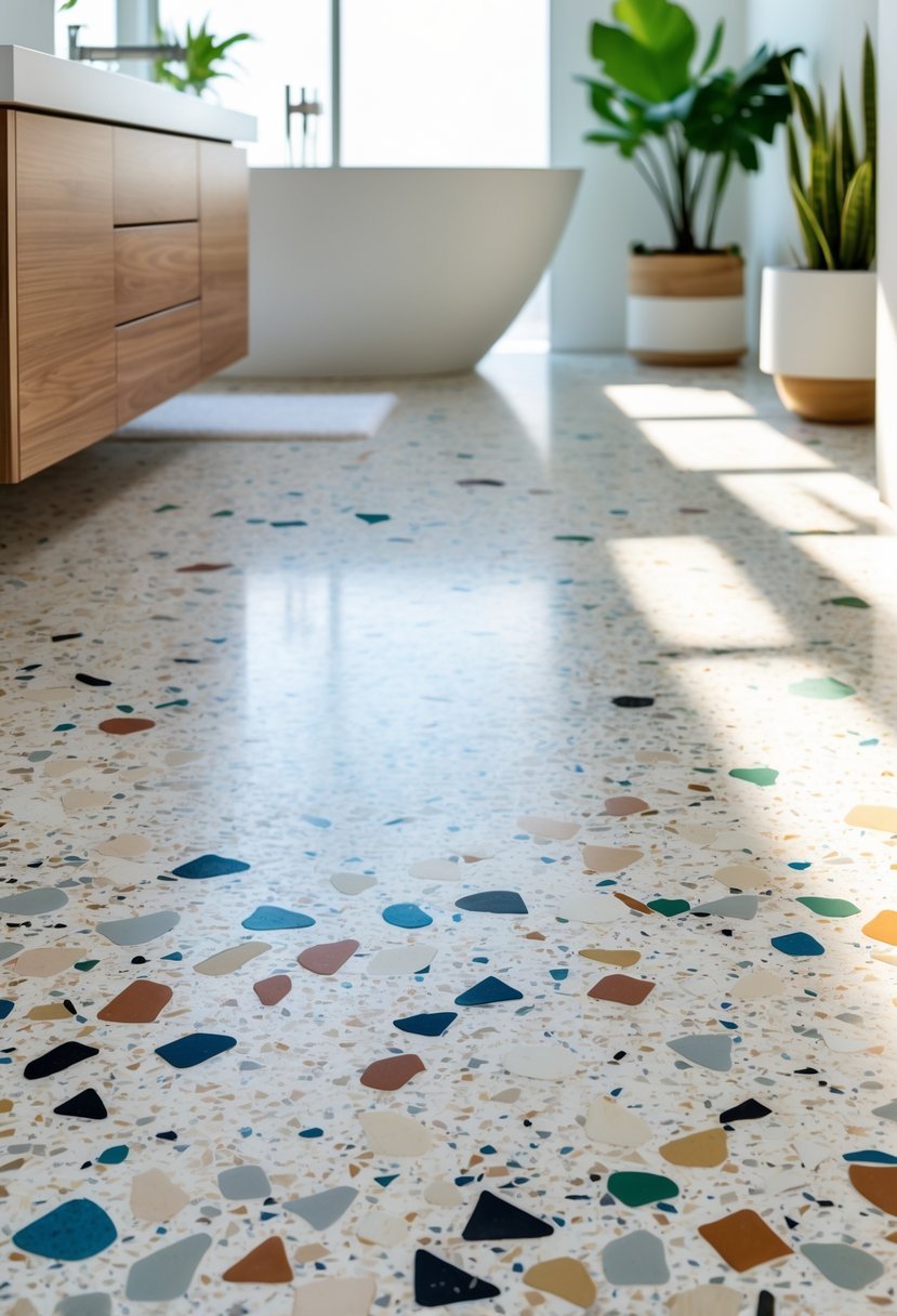 A bathroom floor with colorful terrazzo patterned tiles, showing part of a bathtub, vanity, and plants.