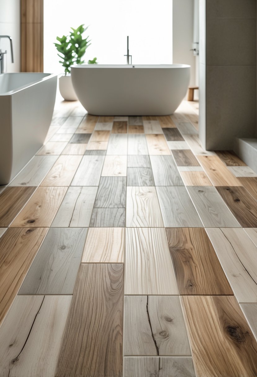 A modern bathroom floor with wood-effect porcelain tiles and a white freestanding bathtub.