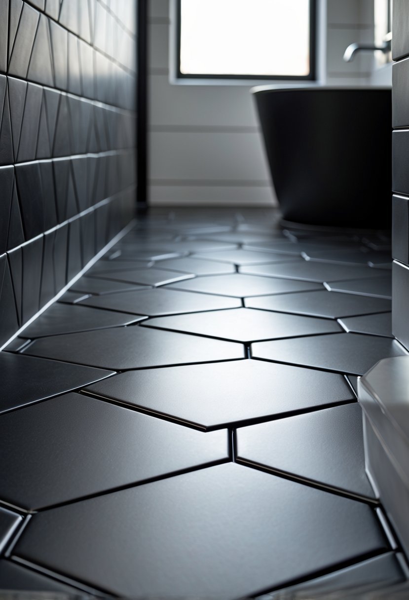 Close-up view of a bathroom floor covered with matte black geometric tiles arranged in a detailed pattern.