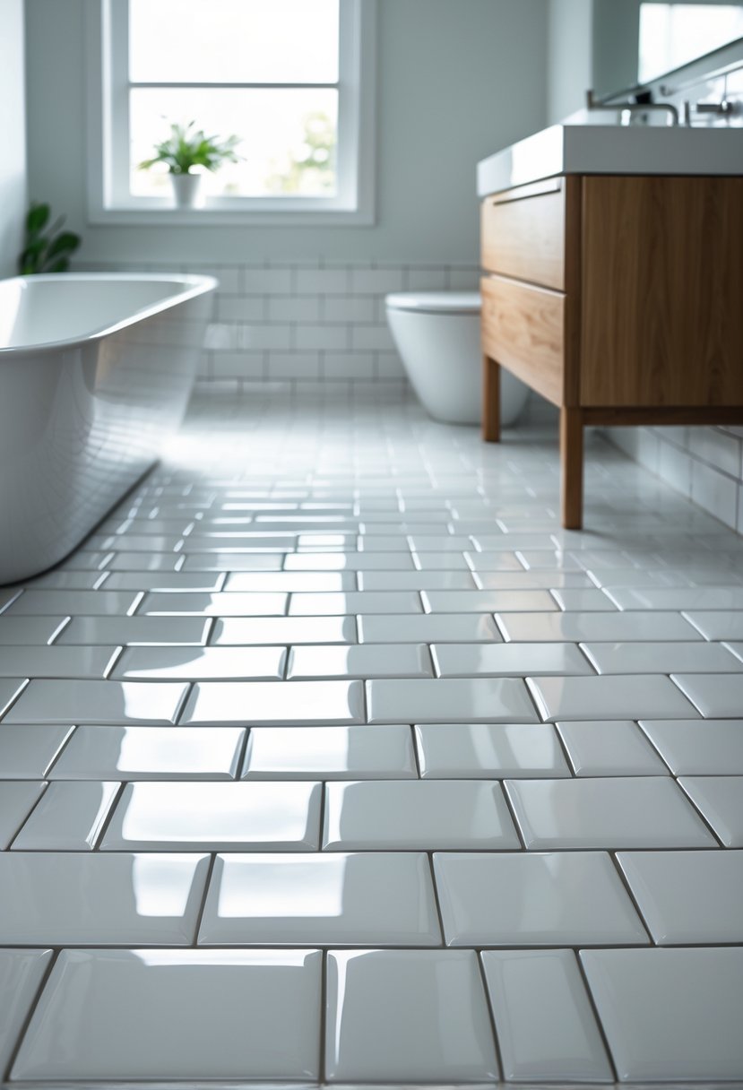 Bathroom floor covered with glossy rectangular white tiles arranged in a brick pattern, with a bathtub and wooden vanity in the background.