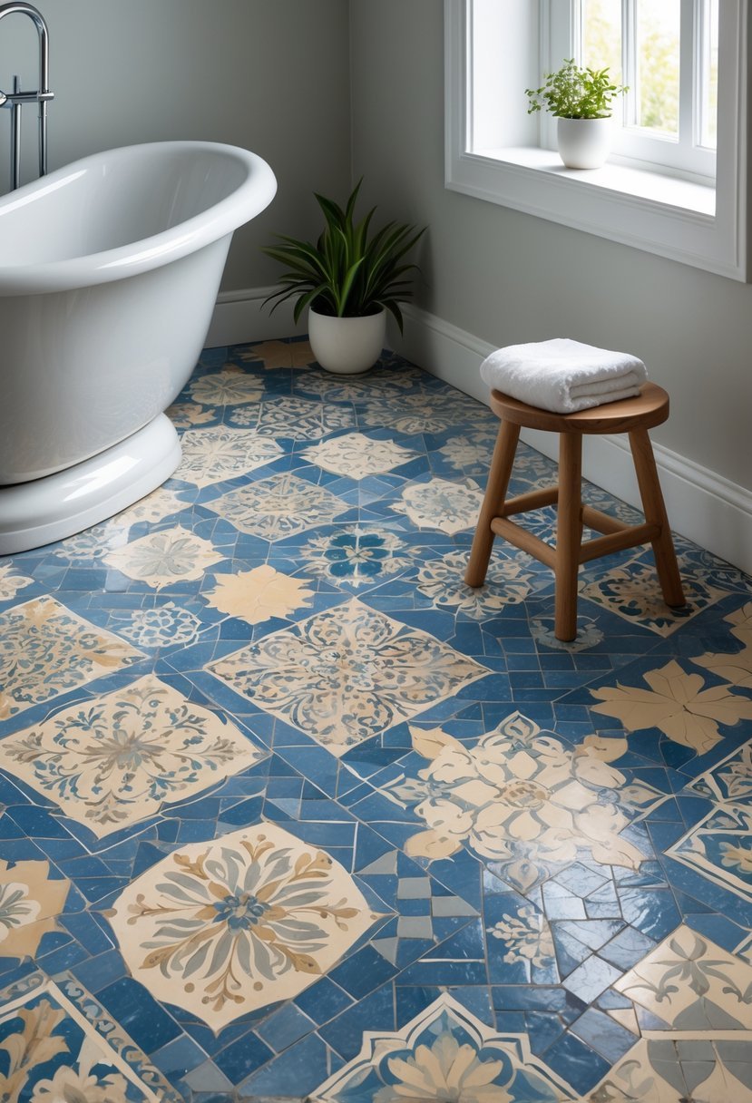 Bathroom floor with patterned mosaic tiles, white bathtub, wooden stool with towel, and a small plant.