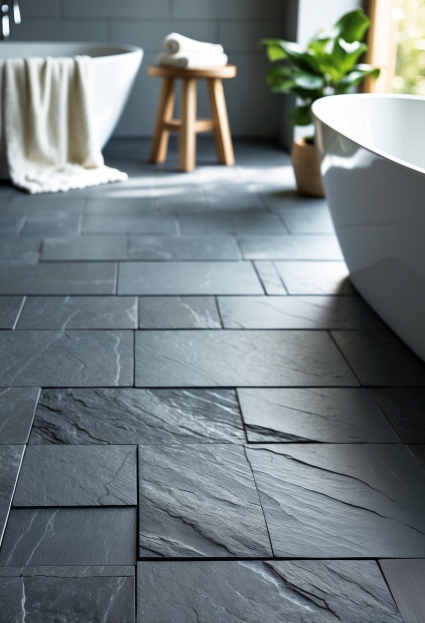 Bathroom floor with large dark gray slate tiles and a white bathtub nearby