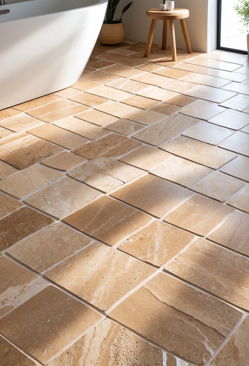 A bathroom floor with warm beige travertine tiles, a white bathtub, and natural light illuminating the space.